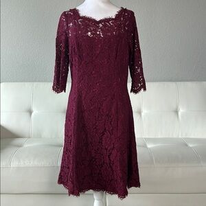 Eliza J Burgundy Lace 3/4 Sleeve Scalloped Dress